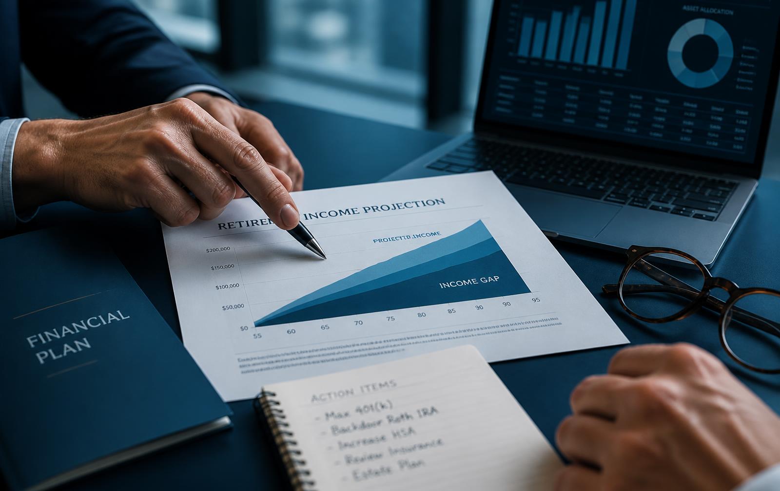 An adviser reviewing a retirement income projection with a client